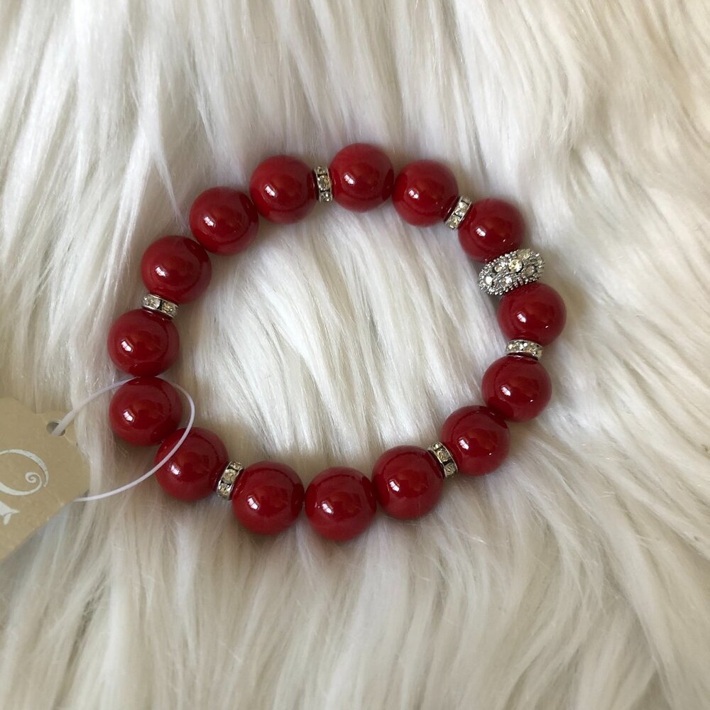 ole red round pearl beaded crystal stretch bracelet
